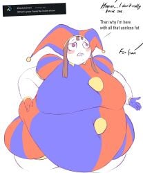1girls bbw fat fat_female fat_fetish female glitch_productions gooseworx gorgeouswaifudom jester jester_girl jester_hat jester_outfit overweight overweight_female pomni_(the_amazing_digital_circus) the_amazing_digital_circus weight_gain