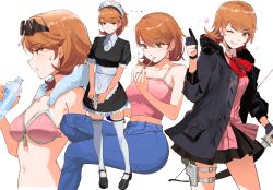 ... 1girls absurdres apron archery_shooting_glove armpit_crease bare_shoulders belt_buckle bikini bikini_top_only black_dress black_footwear black_gloves black_jacket black_skirt bottle bow bow_(weapon) bowtie breasts brown_eyes brown_hair buckle camisole cardigan choker closed_mouth collarbone collared_shirt commentary cowboy_shot denim dress earrings evoker eyewear_on_head feet_out_of_frame food food_in_mouth from_side front-tie_bikini_top front-tie_top full_body game_screenshot_inset gekkoukan_high_school_uniform gloves grin gun hand_up highres holding holding_bottle holding_bow_(weapon) holding_food holding_gun holding_pocky holding_weapon holster invisible_chair jacket jeans jewelry light_blush looking_at_viewer loose_bowtie maid maid_apron maid_headdress medium_breasts midriff midriff_peek miniskirt multiple_expressions multiple_views navel official_alternate_costume one_eye_closed open_clothes open_jacket ormille pants parted_lips partially_fingerless_gloves persona persona_3 persona_3_reload pink_bikini pink_camisole pink_cardigan pleated_skirt pocky pocky_in_mouth profile puffy_short_sleeves puffy_sleeves red_bow red_bowtie school_uniform shirt shoes short_hair short_sleeves sitting skirt smile spaghetti_strap sparkle stomach stud_earrings sunglasses sweat sweater swimsuit tank_top thigh_holster thigh_strap thighhighs thumbs_up towel towel_around_neck upper_body water_bottle weapon white_background white_choker white_shirt white_thighhighs yukari_takeba zettai_ryouiki