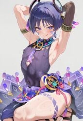 1boy 1femboy ai_generated armpits arms_up belly_button blush bubble_ass bubble_butt citlali_(genshin_impact)_(cosplay) crossdressing erect_nipples femboy genshin_impact hip_windows huge_ass licking_lips nipples_visible_through_clothing scaramouche_(genshin_impact) submissive submissive_male sweatdrop thick_ass thick_thighs thighs tongue wanderer_(genshin_impact)