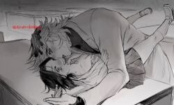 1boy 1girls ambiguous_penetration blush bra caught caught_in_the_act cleavage demon_slayer dondonkodoga douma embarrassed female french_kiss hair_down hickey_marks implied_sex kimetsu_gakuen kimetsu_no_yaiba kissing kochou_shinobu legs_up looking_at_viewer male monochrome no_visible_genitalia older_male_and_younger_female on_back school_uniform schoolgirl spiky_hair straight surprised table table_sex tongue_out