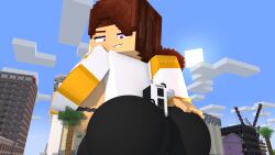 between_buttocks big_ass big_breasts city cubanapple giantess hand_on_ass minecraft natalie_(cubanapple) smiling