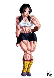 1girls abs biceps black_hair blue_eyes boots breasts_out corruption dragon_ball dragon_ball_z enemy_conversion fingerless_gloves licking_lips majin_mark medium_hair mind_control muscles muscular muscular_female pigtails ripped ripped_clothing short_shorts shorts tank_top thighs tongue_out triceps twintails videl white_background