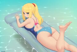 1girls artist_name ass bangs barefoot big_ass blonde_hair blue_eyes blush breasts bubble_butt curvy cute dat_ass feet female female_only human inflatable kuroonehalf large_breasts leg_up long_hair looking_back lying metroid nintendo on_stomach one-piece_swimsuit one_leg_up ponytail pool samus_aran seductive sideboob sidelocks smile soles solo swimsuit thick_thighs tied_hair toes water wet wide_hips