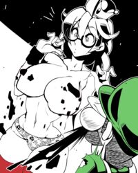 1boy 1girls bimbo black_and_white censored_nipples clothing_damage edit glasses large_breasts luigi luigi's_mansion mario_(series) new_super_mario_bros._u_deluxe nisego nosebleed pointless_censoring professor_e._gadd professor_e._gaddette ruined_clothes rule_63 size_difference smaller_male super_crown suprised taller_girl wide_hips