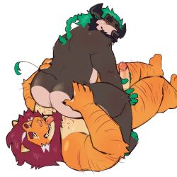 1:1 2025 absurd_res anal anthro anus apolo_(srapolowo) beard bovid bovine cattle duo erection facial_hair felid genitals green_hair grey_hair hair hairy half-closed_eyes hand_on_butt handjob handjob_while_rimming hi_res horn lion looking_at_another looking_back looking_back_at_another lying male male/male mammal mane muscular muscular_male narrowed_eyes on_back oral overweight overweight_male pantherine penile penis ponytail reach_around red_mane rimming rimming_male sex simple_background sitting_on_another srapolowo tail tongue tongue_out trevor_(kiba24) white_background