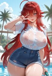 1girls :p ;p ahoge ai_generated blue_eyes blue_shorts blue_sky blush breasts clothing cloud collarbone covered_nipples crossed_bangs curvaceous curvaceous_female curvaceous_figure curvy curvy_figure cutoffs day denim denim_shorts female female_focus hair_between_eyes high-waist_shorts high_school_dxd holding holding_hose hose huge_ahoge huge_breasts inviting inviting_to_sex large_breasts long_hair looking_at_viewer miyuai nipples no_bra one_eye_closed outdoors palm_tree pool presenting presenting_ass presenting_breasts presenting_hindquarters presenting_self red_hair rias_gremory seductive seductive_look seductive_smile see-through see-through_shirt shirt shirt_tucked_in short_shorts short_sleeves shorts sky smile solo thick_thighs thighs tongue tongue_out tree v v_over_eye very_long_hair voluptuous voluptuous_female wading wading_pool water wet wet_clothes wet_shirt white_shirt wide_hips