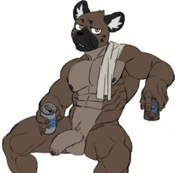 1boy 2019 abs aggressive_retsuko alcohol anthro armpit_hair balls beverage big_penis biped black_and_white body_hair color_edit colored controller edit flaccid fur haida hi_res humanoid_penis hyaenid male male_only mammal monochrome muscular muscular_male nunudodo penis remote_control sanrio sitting smooth_fur solo solo_male spotted_hyena thick_penis uncut