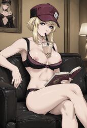 1girls ai_generated black_bra black_panties blonde_female blonde_hair bra breasts bubble_tea_challenge coco_(code_vein) code_vein female female_only hat indoors large_breasts looking_at_viewer milf nipple_slip nipples panties reading_book sitting