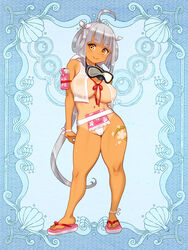 ahoge ankle_ribbon bangs beret blunt_bangs breasts closed_mouth covered_nipples eyebrows_visible_through_hair female flip-flops full_body goggles goggles_around_neck hair_rings hat large_breasts long_hair navel nipples one-piece_tan psychic_hearts ribbon ryoji_(nomura_ryouji) sandals see-through silver_hair smile solo tan tanline tattoo two_side_up very_long_hair wrist_ribbon yellow_eyes