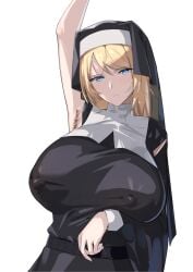 1girls arm_up armpit_fetish armpit_hair armpits blonde_hair blue_eyes breasts clothed clothed_female expressionless female female_only habit hi_res huge_breasts large_areolae light-skinned_female light_skin long_hair long_hair_female looking_at_viewer nipple_bulge nipples_visible_through_clothing no_bra nun nun's_habit original original_character seitoedaha simple_background solo veil