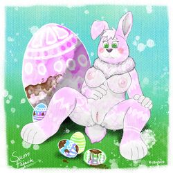 1:1 breasts candy chocolate easter easter_bunny easter_egg female food fur genitals hi_res holidays lagomorph leporid mammal pink_body pink_fur pussy rabbit samuel_pejack white_body white_fur