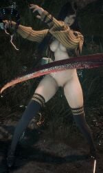 3d attack black_hair black_socks bottomless breasts female game_mod high_heels lightning long_hair mod monster pussy raven_(stellar_blade) revealing_clothes reverse_outfit screenshot serious_look stellar_blade stellarboi sweater sword thighhighs video_games yellow_sweater