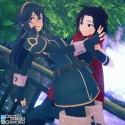 2girls 3d arm_around_back arm_grab black_choker black_eyes black_hair blue_eyes blue_hair blush boots brand_of_the_exalt breasts bridge cape choker crossover dancing eastern_and_western_character embarrassed fefreak726 female female_only fingerless_gloves fire_emblem fire_emblem_awakening frilled_skirt frills gloves gradient_hair hand_up leaning_back leg_up long_hair long_sleeves looking_to_the_side lucina_(fire_emblem) multicolored_hair multiple_girls nervous nervous_smile nintendo outdoors pantyhose red_hair river ruby_rose rwby short_hair skirt small_breasts sweater symbol-shaped_pupils thigh_boots tiara waterfall yuri