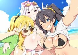 3girls arm_around_waist ass_visible_through_thighs bikini black_hair blonde_hair blush breasts cleavage day eyewear_on_head ganaha_hibiki green_eyes grin hairband high_ponytail hoodie hoshii_miki huge_breasts idolmaster idolmaster_(classic) jabara_tornado large_breasts long_hair looking_at_viewer looking_over_eyewear looking_over_glasses micro_bikini multiple_girls nail_polish navel one_eye_closed open_clothes open_mouth outdoors outstretched_arm ponytail purple_eyes reaching_out selfie shijou_takane shirt_lift silver_hair sky smile sunglasses swimsuit thigh_gap thighs tinted_eyewear v water