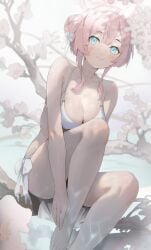 blue_archive blue_eyes blush blushing cherry_blossoms female flower_in_hair highres kumikoyo looking_at_viewer mimori_(blue_archive) mimori_(swimsuit)_(blue_archive) sakura_tree swimsuit very_high_resolution