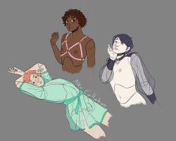 1_boy 1boy 3_boys afro ball_jointed_doll ball_joints black_hair blue_eyes bow_around_neck brown_eyes choker curly_hair curly_hair_male dark-skinned_male dark_hair dark_skin earring earrings femboy freckles freckles_on_face ginger_hair goth goth_boy green_eyes harness harness_only lace laying_down looking_at_viewer multiple_boys nipples nude nude_male nylonserenade pale_skin pale_skin_male penis pink_harness red_hair redhead_male robe robe_only see-through_clothing shirtless_sleeves short_hair sketch sketch_page sketchy soft_penis twink