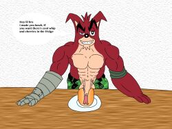 1boy 2015 anthro balls bandicoot camo_print crash_(series) crash_bandicoot:_the_wrath_of_cortex crunch_bandicoot english_text flat_colors food_play furry furry_only gay hot_dog hot_dog_bun male male_only marsupial penis penis_hot_dog plate raven2dx robotic_arm simple_background solo table text video_games white_background yaoi