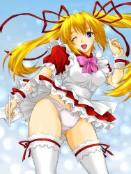 1girls ;d alice_(marchen_maze) apron blonde_hair blue_eyes blush bow bow_panties bowtie cloud day dress frilled_thighhighs frills hair_ribbon holding kattsan_(ninjaform00) lace lace-trimmed_panties lace_trim leg_ribbon looking_at_viewer marchen_maze one_eye_closed open_mouth outdoors panties red_dress ribbon short_dress sky smile solo standing thigh_ribbon thighhighs twintails underwear white_panties white_thighhighs wind wind_lift wristband