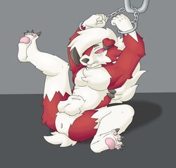 1boy altenusy anthro anthrofied arms_tied ass bondage claws feet forced fur furry half-closed_eyes handcuffs hi_res lycanroc male male_only midnight_lycanroc nintendo paws pokémon_(species) pokemon pokemon_sm rape sheath simple_background source_request tears testicles video_games