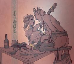 1boy 1girls after_kiss age_difference antlers big_breasts breast_grab breasts earrings elf female female_penetrated food husband_and_wife king kinky_arts landing_strip looking_at_partner male monochrome nipples one_leg_up panties panties_around_one_leg pants pants_down partially_clothed pointy_ears red_eyes sagging_breasts saliva saliva_trail sex spread_legs standing table table_sex thighhighs vaginal_penetration valkas_(species)