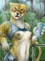 4_fingers anthro breasts bush cheetah color ear_piercing earrings feline foliage furry runner spots spotted_fur sunglasses topless tree unknown_artist water_bottle wet whiskers yellow_eyes