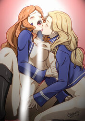 2girls bc_freedom_military_uniform black_footwear blonde_hair blush boots bottomless breast_grab breasts closed_eyes collarbone fingering girls_und_panzer grabbing gradient gradient_background hair_ornament hair_ribbon highres isabe_(girls_und_panzer) large_breasts licking light_rays long_hair military military_uniform multiple_girls navel no_bra no_panties open_mouth orange_hair pink_background ribbon shiny shiny_hair shiny_skin simple_background sofue_(girls_und_panzer) spread_legs sweat teeth tongue tongue_out uniform upper_teeth user_nuur5827 yuri