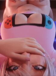 1boy 1girls 3d aki_(twin_female)_(tyviania) animated blue_eyes bottomless bottomless_female bouncing_breasts cleavage cleavage_cutout clothing_cutout controller_shirt covering_mouth large_breasts light-skinned_female light-skinned_male light_skin looking_at_viewer lying lying_on_back nintendo_switch sex straight tyviania white_hair