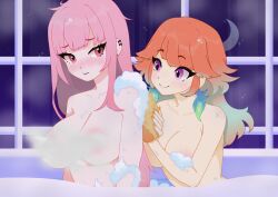 2girls absurdres bath bathing bathroom bathtub blush breasts bubble_bath completely_nude convenient_censoring couple earrings feather_earrings feathers gradient_hair green_hair highres hololive hololive_english jewelry large_breasts long_hair mori_calliope multicolored_hair multiple_girls nano_(fushide) nude orange_hair partially_submerged pink_hair purple_eyes same-sex_bathing shared_bathing smile soap soap_bubbles soap_censor steam takamori_(hololive) takanashi_kiara virtual_youtuber water wet yuri