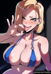 1girls ai_generated android_18 big_breasts bikini blonde_hair blue_eyes blush blush_lines blushing_at_viewer blushing_female breasts cleavage curvy curvy_female curvy_figure dragon_ball dragon_ball_super dragon_ball_z fellatio fellatio_gesture female female_focus female_only half-dressed inviting inviting_to_sex large_breasts light-skinned_female light_skin looking_at_viewer micro_bikini naughty naughty_face naughty_smile nipples nutality patreon petite saliva saliva_drip saliva_string saliva_trail seductive seductive_eyes seductive_look seductive_pose seductive_smile short_hair showing_breasts smile smiley_face smiling smiling_at_viewer solo solo_female solo_focus teasing upper_body