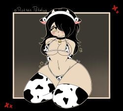 bangs_over_one_eye black_hair blush busty cow_bikini cow_ears cow_headband cow_print cow_thighighs cow_thong female flower_print freckles heart julia_(the_coffin_of_andy_and_leyley) light-skinned_female nipples_visible_through_clothing on_knees rottenpetals shy slim_waist sweatdrop the_coffin_of_andy_and_leyley thick_thighs thigh_highs wide_hips yellow_eyes
