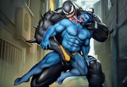 2boys 3d ai_generated alley barefoot beast beast_(x-men) black_body blue_fur captured fangs from_behind groping humanoid lifting lifting_person male male/male male_only marvel muscles muscular muscular_male size_difference speedo spider-man_(series) symbiote tentacle underwear venom venom_(marvel) yaoi yellow