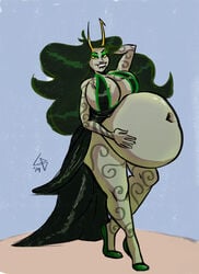 1girls 2019 belly big_belly black_lips breasts cleavage exotic_colors eyebrow_piercing fangs female green_eyes green_hair grey_skin heels homestuck horns huge_belly huge_breasts lip_piercing long_hair looking_at_viewer ms_paint_adventures piercing porrim_maryam pregnant ready_to_pop solo tattoos troll