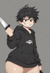 ai_generated black_hair emo femboy hoodie knife messy_hair tagme thick_thighs wide_hips