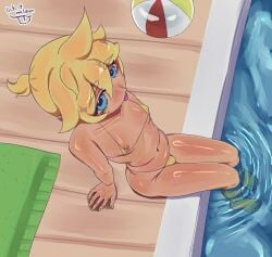 blonde_hair blue_eyes bulge bulge_through_clothing femboy kagamine_len looking_at_viewer nipple_bulge nipple_slip nipples painted_nails perspective perspective_shot pool shiny_hair shiny_skin sticking_out_tongue summer swimsuit tan_body tan_skin thighs vocaloid water yellow_hair