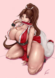 1girls absurdres areolae breasts fatal_fury female female_only highres huge_breasts king_of_fighters looking_at_viewer mai_shiranui nipples solo sweat thebig-z thick_thighs