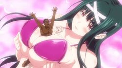 1girls 2boys animated anne_(shokugeki_no_souma) between_breasts bikini_top charme_(shokugeki_no_souma) female giantess green_hair histoire_(shokugeki_no_souma) huge_breasts long_hair screencap shokugeki_no_souma size_difference smiling world_gourmet_organization