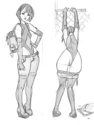1girls after_sex arms_up asian ass back_view backsack before_and_after boots breasts clothing earrings female genital_fluids gloves going_commando hand_on_hip hi_res jeans kinky_arts knee_boots knees_together_feet_apart leotard lip_piercing long_gloves monochrome original piercing platform_heels public pussy pussy_juice pussy_juice_drip railing short_hair small_breasts smile solo standing thin_waist