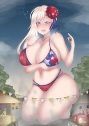 1girls american_flag american_flag_bikini big_girl bikini breasts embarrassed fate/grand_order fate_(series) female festival giantess large_breasts miyamoto_musashi_(fate) miyamoto_musashi_(swimsuit_berserker) soft soft_breasts soft_color