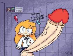 1futa bathroom big_penis blonde_hair blue_eyes brukin dark_background female futa_only futanari gigantic_penis huge_cock human hyper hyper_penis intersex nervous penis school_uniform small_but_hung smile solo solo_futa sweatdrop thick_penis