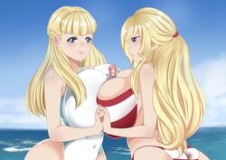 2019 3girls beach bikini blonde_hair blue_eyes breast_crush breast_squeeze breasts brown_hair cleavage female giantess gundam gundam_seed gundam_tekketsu_no_orphans gundam_wing holding_hands hoshicchi huge_breasts human kudelia_aina_bernstein lacus_clyne large_breasts light-skinned_female light_skin long_hair multiple_girls relena_peacecraft smaller_female soft_breasts swimsuit