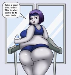 1girls animated ass_shake bouncing_breasts chubby dc dc_comics fat female female_only gym_uniform lordstormcaller obese obese_female overweight purple_eyes purple_hair rachel_roth raven_(dc) slightly_chubby solo swaying_ass teen_titans text treadmill walking water window