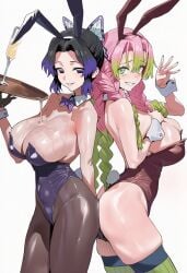 2girls ai_generated alternate_costume animal_ears bangs bare_shoulders big_breasts black_legwear black_leotard blush bow bowtie braid breasts bunny_ears bunny_girl bunny_tail bunnysuit cleavage cowboy_shot demon_slayer detached_collar drinking_glass eyebrows_visible_through_hair fake_animal_ears fake_tail fishnets gradient gradient_hair green_background green_eyes green_hair grin highleg highleg_leotard holding kanroji_mitsuri kimetsu_no_yaiba kochou_shinobu large_breasts leotard long_hair looking_at_viewer mole mole_under_eye multicolored_hair multiple_girls pantyhose pink_hair purple_eyes purple_hair smile strapless strapless_leotard tail thighhighs thighs tray white_background wrist_cuffs