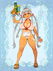 :d arm_up ass_visible_through_thighs bangs bare_legs blunt_bangs bracelet breasts eyebrows_visible_through_hair female flip-flops full_body fundoshi happi head_tilt japanese_clothes jewelry large_breasts long_hair looking_at_viewer navel nipples open_mouth psychic_hearts ryoji_(nomura_ryouji) sandals see-through shirt sidelocks silver_hair smile solo standing tan tanline tattoo trigger_discipline twintails very_long_hair water_gun wet wet_clothes wet_shirt yamakasa yellow_eyes