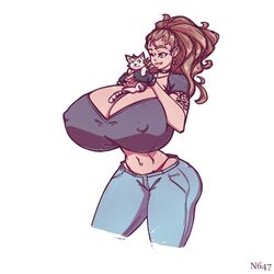 1girls big_ass big_breasts breasts breasts_bigger_than_head brown_hair cat choker cleavage color female huge_breasts n647 nipples_visible_through_clothing notnight_(n647) original smile smiling solo taller_female thick_thighs voluptuous wide_hips