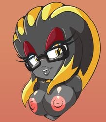 breasts dirrty_foxxx eyelashes eyewear fan_character female glasses grey_body kosma_kaluha lips lizard looking_at_viewer markings nipples nude reptile scales scalie seductive simple_background solo sonic_(series) sonic_the_hedgehog_(series) teeth video_games yellow_eyes