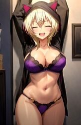 1girl :d ^_^ ai-created ai_generated animal_ears animal_hood arm_stretch arms_up black_hoodie black_jacket blonde_hair blush bra breasts cameltoe cat_hood cleavage closed_eyes closed_mouth collarbone cowboy_shot crossed_bangs facing_viewer female groin hair_between_eyes hikaru_(rape_gouhouka!!!) hip_sway hood hood_up hooded_jacket hoodie indoors jacket lace lace-trimmed_bra lace-trimmed_panties lace_trim large_breasts lingerie long_sleeves navel no_audio o-ring open_clothes open_hoodie open_jacket open_mouth panties pixiv purple_bra purple_panties rape_gouhouka!!! rena_aikawa_(pixiv_user) short_hair skindentation smile solo solo_female stable_diffusion standing stomach stretching string_panties tagme teeth thighs underwear video wide_hips