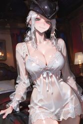1female 1girls 2025 ai_assisted ai_generated anime_style background bedroom big_breasts bloodborne blush blush_lines bra bra_visible_through_clothes breasts cleavage clothing female female_focus female_only fromsoftware green_eyes hips indoors lace lady_maria_of_the_astral_clocktower large_breasts light-skinned_female light_skin nightgown ponytail smile smiling smiling_at_viewer tagme thigh_highs tricorne uncensored underwear video_game video_game_character video_game_franchise video_games visible_underwear white_bra white_hair white_panties