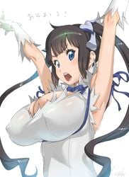 arms_up black_hair blue_eyes cleavage dungeon_ni_deai_wo_motomeru_no_wa_machigatteiru_darou_ka female goddess hestia_(danmachi) huge_breasts kotoyoshi_yumisuke long_hair