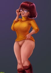 1girls big_breasts blush bottomless breasts busty curvy erect_nipples erect_nipples_under_clothes female female_only glasses large_breasts looking_at_viewer mostly_nude nipples pussy scoob! scooby-doo shadman shaved_pussy signature smile solo text thick_thighs velma_dinkley voluptuous wide_hips