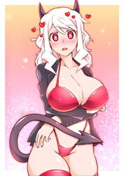 1girls abs big_breasts black_horns blush blushing bra cigar_cat demon demon_girl demon_horns demon_tail eye_contact female heart heart-shaped_pupils helltaker highleg_panties horns huge_breasts looking_at_viewer modeus_(helltaker) pale-skinned_female pale_skin panties red_bra red_eyes red_panties red_thighhighs red_thong solo standing straight_hair tail thick_thighs thighhighs thighs thong tight_underwear white_hair wide_hips